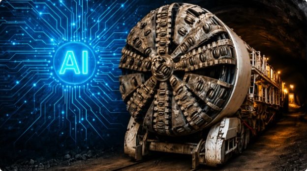 Modern tunnel boring machine with AI overlay